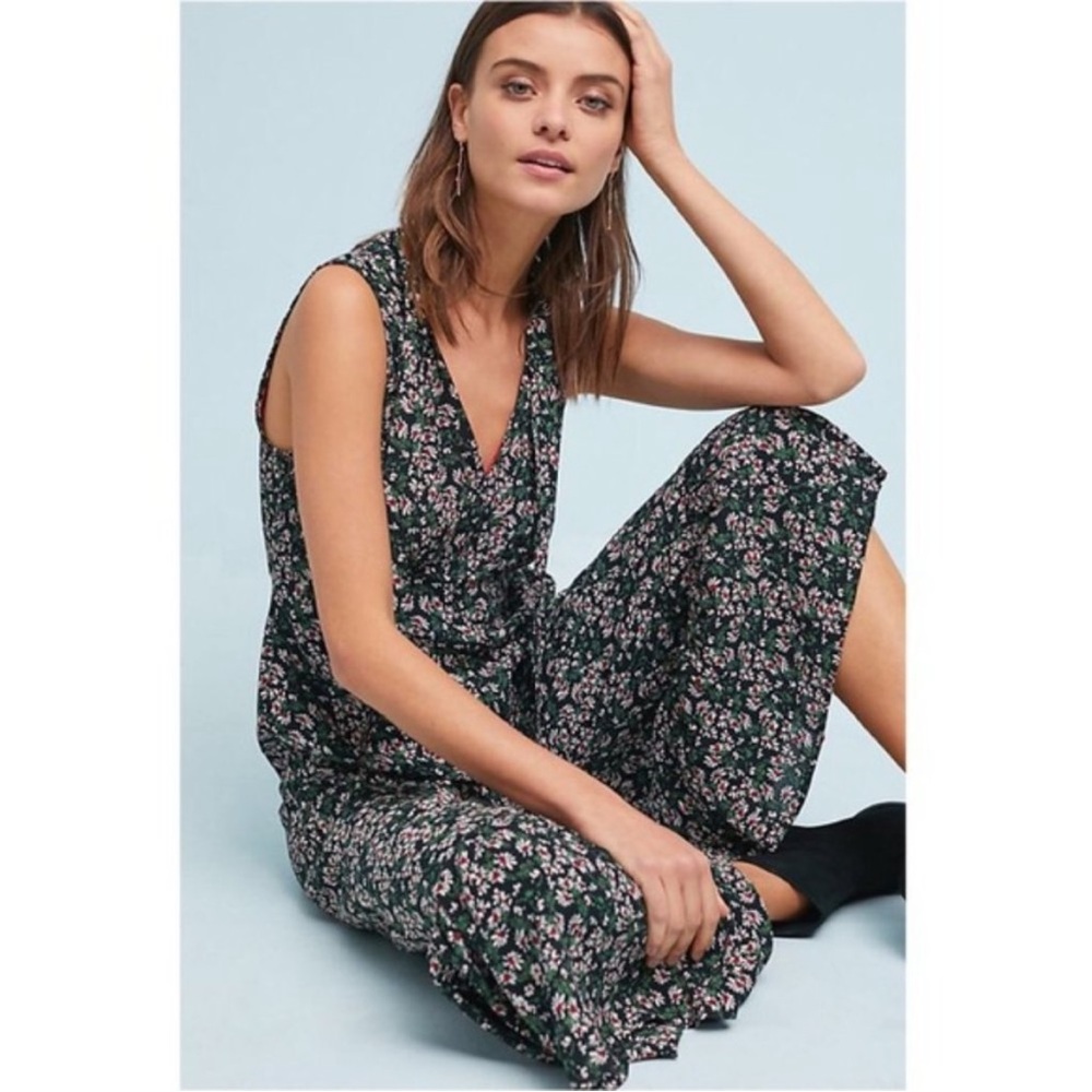 Maeve - 2, Black Floral Jumpsuit with V-Neck and Wide-Leg Design - Picture 2 of 11